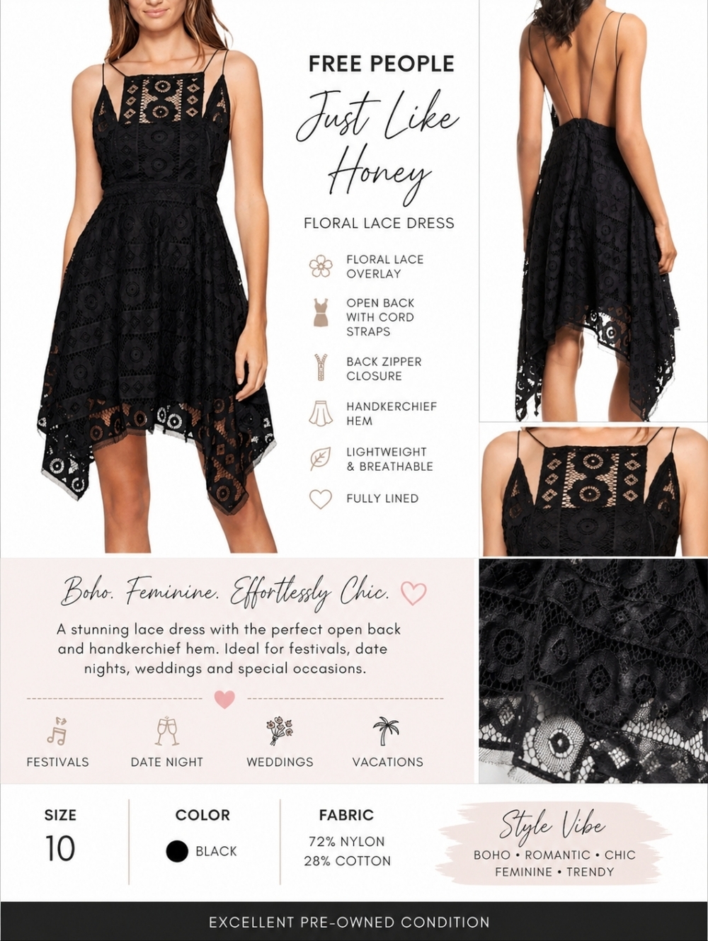 Free People Just Like Honey Lace Dress Size 10 Black Handkerchief Hem Open Back